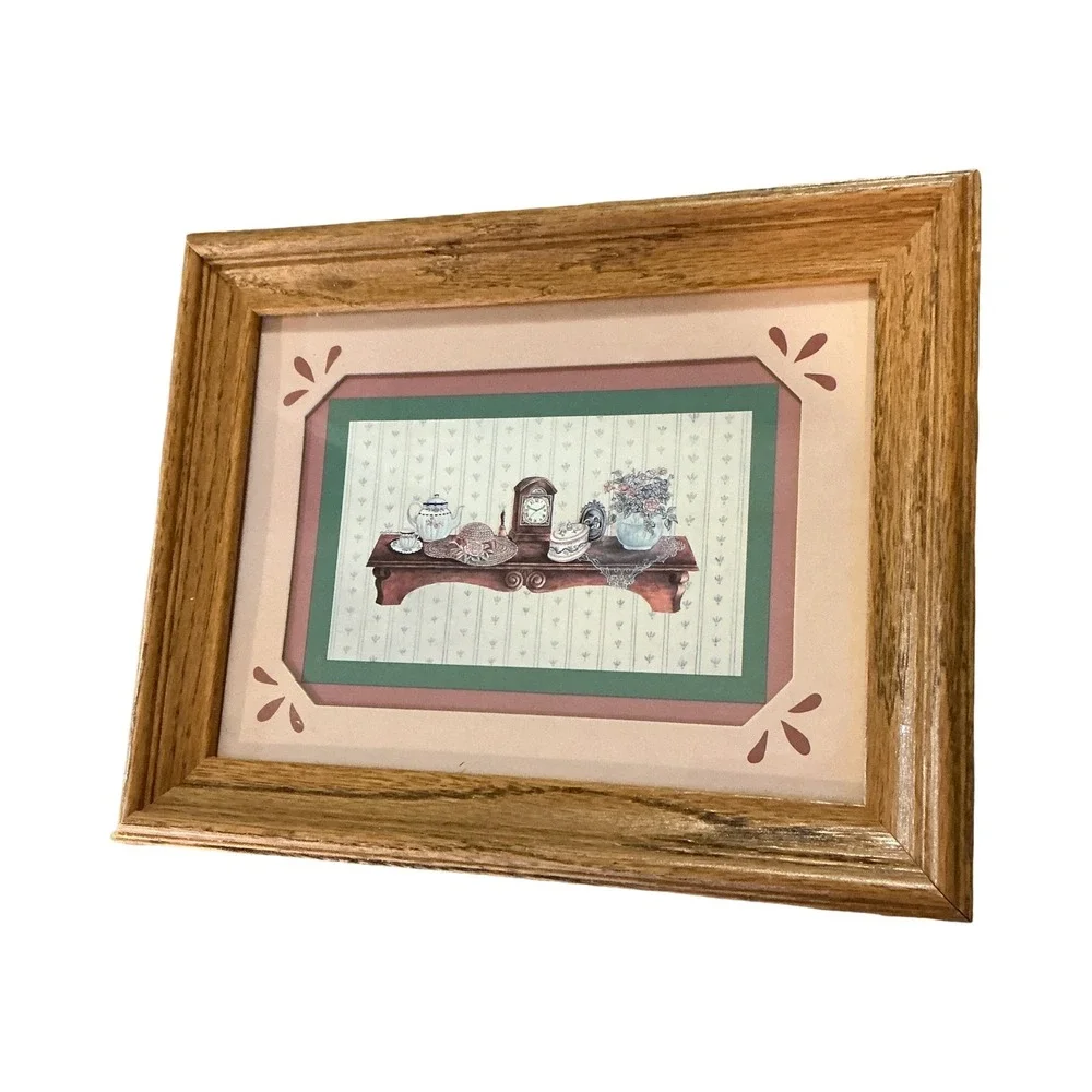 Vintage Oak Framed Still Life Art Print Teapot Clock Floral Cottagecore 9.5x7.5